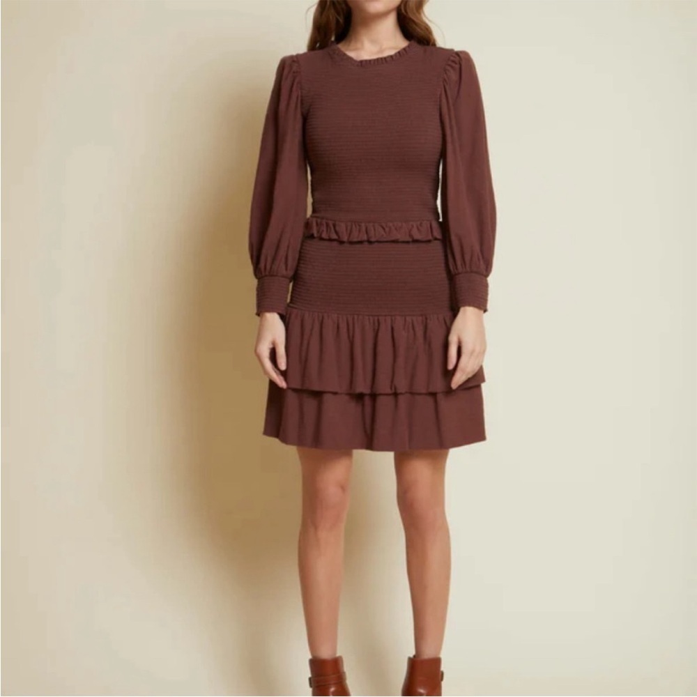 NATION LTD Abby Dress in Pinot Noir Smocked Ruffle Long Sleeve Cotton Size Small